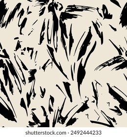 Seamless brush pattern with black line art and hand-drawn background elements