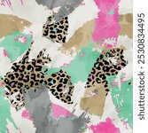 Seamless brush pattern with hand drawn art abstract wild african animal leopard skin background elements in pink, green, brown, black and grey color