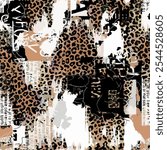 Seamless brush pattern with hand drawn expressive abstract lettering, calligraphy and wild african animal leopard skin background elements in brown and black colors