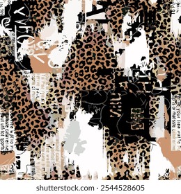 Seamless brush pattern with hand drawn expressive abstract lettering, calligraphy and wild african animal leopard skin background elements in brown and black colors