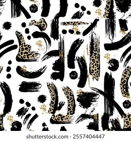 Seamless brush pattern with hand drawn art abstract wild african animal leopard skin background elements isolated in black and brown colors