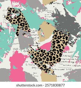 Seamless brush pattern with hand drawn art wild african animal leopard skin background elements in brown, pink, green and grey colors. Lettering and handwritten pattern design vector