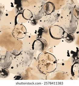 Seamless brush pattern with hand drawn art abstract round circle background elements in brown and black colors