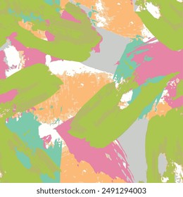 Seamless brush pattern with hand-drawn brush art background elements in green, pink, blue, orange and gray