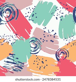 Seamless brush pattern with isolated abstract hand drawn round circle background elements in green, pink, yellow and blue