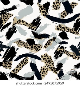 Seamless brush pattern with isolated abstract line art african wild animal leopard skin background elements in brown, grey and black colors