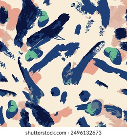 Seamless brush pattern with isolated abstract hand drawn art brush line ethnic background elements in blue, navy blue, green and orange colors