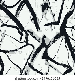 Seamless brush pattern with isolated abstract line art and hand drawn brush background elements in black, white and grey colors