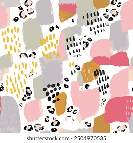 Seamless brush pattern with isolated abstract collage art leopard skin background elements in pink, grey and yellow colors