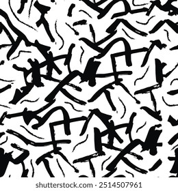 Seamless brush pattern with isolated abstract hand drawn art line and graffiti background elements in black and white colors