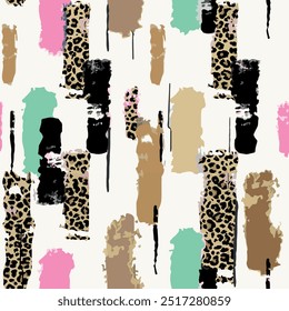 Seamless brush pattern with isolated abstract hand drawn art wild african animal leopard skin background elements in pink, green, brown and black color