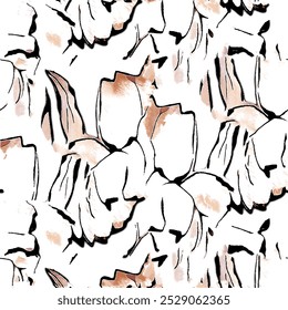 Seamless brush pattern with isolated abstract hand drawn art line background elements in black, white and brown colors