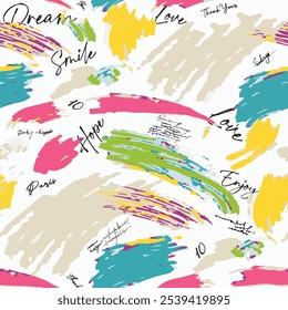 Seamless brush pattern with isolated abstract hand drawn art lettering and handwriting background elements in pink, yellow, green, blue and ecru color. Writing and handwriting pattern design