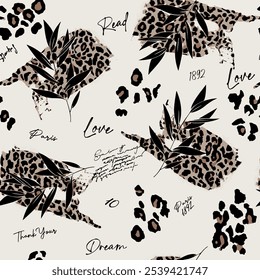 Seamless brush pattern with isolated abstract hand drawn art leopard skin, text and leaf background elements in brown and black colors