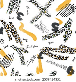 Padrão de pincel contínuo com letras de arte desenhadas à mão abstratas isoladas, números e elementos de fundo de pele de leopardo em cores amarelas, verdes e pretas. Padrão de letra e manuscrito