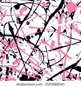 Seamless brush pattern with isolated abstract hand drawn art sketch background elements in pink and black color