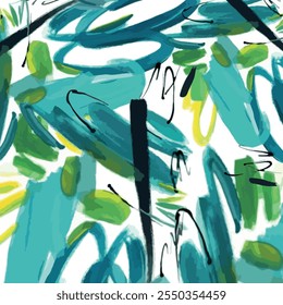 Seamless brush pattern with isolated abstract hand drawn art brush sketch background elements in green, black and yellow colors
