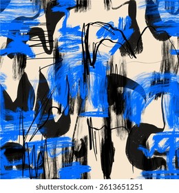 Seamless brush pattern with isolated hand drawn art abstract watercolor textured brush strokes background elements in blue, black and beige colors