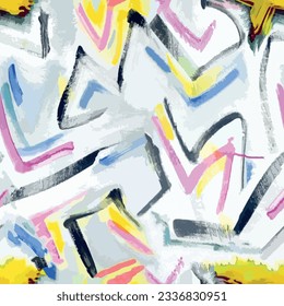 Seamless brush pattern with yellow, blue and pink color hand drawn geometry background