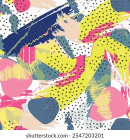 Seamless brush pattern with yellow, pink and blue color hand drawn art abstract round circle and dot background elements