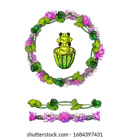 seamless brush, patterned bush,  frogs sitting on bud in circle of  lotuses, stones and stems,leaves, buds 