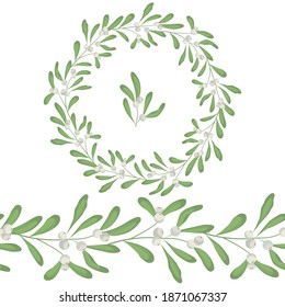 Seamless Brush And Round Frame, Border With White Mistletoe For Greeting Cards, Invitations, Posters, Banners.