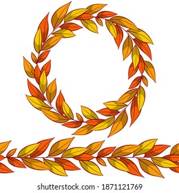 Seamless brush and round frame, border with yellow and orange autumn leaves for greeting cards, invitations, posters, banners.