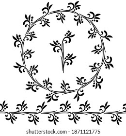 Seamless brush and round frame, border with abstract black leaves for greeting cards, invitations, posters, banners.
