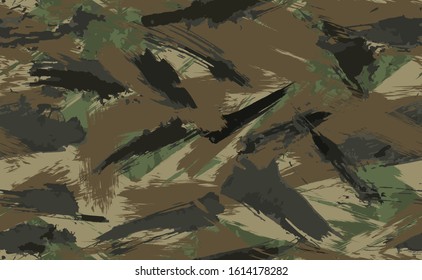 Seamless Brush Stroke Camouflage print. Vector pattern Green brown black olive colors forest texture. Fabric and fashion textile paint. Camouflage pattern background. Vector Seamless Camouflage