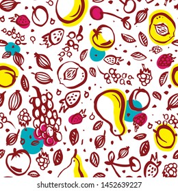 Seamless brush strokes colorful pattern with summer garden fruits (apple, pear, peach, cherry, apricot, grapes, raspberry, strawberry, gooseberry, currant). Hand drawn vector design element.