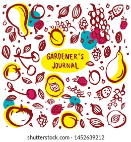 Seamless brush strokes pattern with summer garden fruits (apple, pear, peach, cherry, apricot, grapes, raspberry, strawberry, gooseberry, currant) with place for text. Hand drawn vector design element