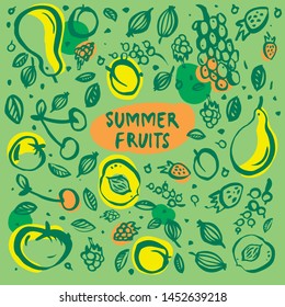 Seamless brush strokes pattern with summer garden fruits (apple, pear, peach, cherry, apricot, grapes, raspberry, strawberry, gooseberry, currant) with place for text. Hand drawn vector design element