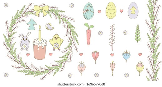 Seamless brush and willow wreath. Easter holiday set of vector elements: hare, carrots, chicken, eggs, Easter cake with a candle, flowers, branches. Spring holiday collection.