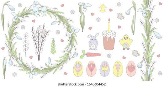 Seamless brush and wreath. Easter festive set of vector elements: hare, carrots, chicken, eggs, Easter cake with a candle, flowers, pussy-willow branches, butterflies. Spring holiday collection.