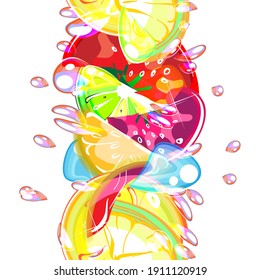 Seamless brush.Juicy colorful fruits.Drops of juice and bright color. Slices of lemon, lime, orange and exotic citrus. For decoration and print.