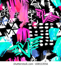Seamless brushpen textile doodle pattern grunge texture.Trendy modern ink artistic design with authentic,unique scrapes, watercolor blotted background for a logo, cards, invitations, posters, banners.
