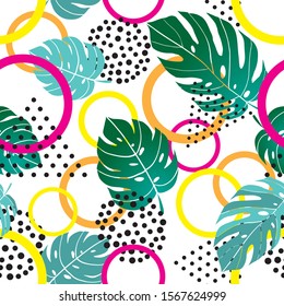 Seamless bstract summer pattern with geometric shapes and tropical monestera leaves, memphis style