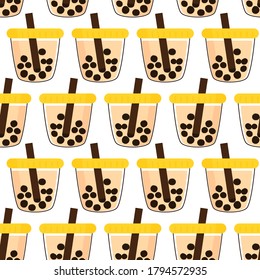 Seamless with bubble milk tea cup on white background vector. Cute cartoon food pattern.