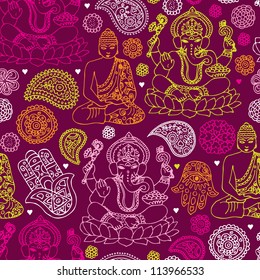Seamless buddha india yoga background pattern in vector