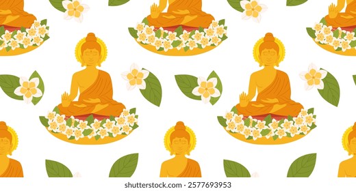 Seamless Buddha Meditation Pattern with Flowers and Leaves, Spiritual and Floral Design, Perfect for Wallpapers, Textiles, Religious Art, and Yoga Decor