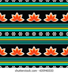 Seamless Buddhist Temple traditional ornament with Lotus flower. Oriental pattern. Buddhism theme. Linear abstract colorful background. Vector illustration.