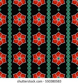 Seamless Buddhist Temple traditional ornament with Lotus flower. Oriental pattern. Buddhism theme. Abstract colorful background. Vector illustration.