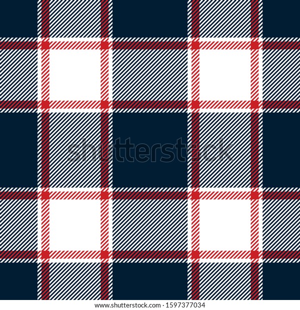 Seamless buffalo check plaid pattern. Autumn\
winter tartan plaid background in navy blue, red, and white for\
flannel shirt, scarf, blanket, throw, duvet cover, or other modern\
textile print.