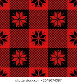 Seamless buffalo plaid Christmas pattern in black and red, featuring Nordic pixel art with snowflakes, ideal for tablecloths, gift wrapping, flannel shirts, or trendy Scandinavian textile.