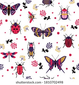 Seamless bug pattern. Butterfly, moth, dragonfly, honey bee or wasp, colorado and other beetle vector design. Bug insect seamless pattern with isolated flower, heart and berry element illustration