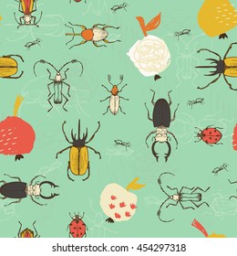 Seamless bug pattern. Funny hand drawn bugs and apples. Childish poster, perfect for wrapping paper and wall decoration. Vector illustration