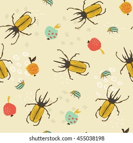 Seamless bug pattern. Funny hand drawn bugs and apples. Childish poster, perfect for wrapping paper and wall decoration. Vector illustration