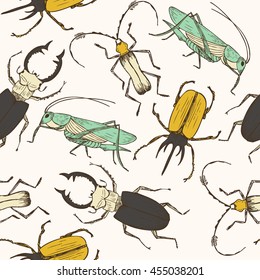 Seamless Bug Pattern. Funny Hand Drawn Bugs, Grasshopper, Stag Beetle. Childish Poster, Perfect For Wrapping Paper And Wall Decoration. Vector Illustration