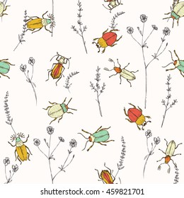 Seamless bug pattern. Funny hand drawn bugs and floral elements. Childish poster, perfect for wrapping paper and wall decoration. Vector illustration