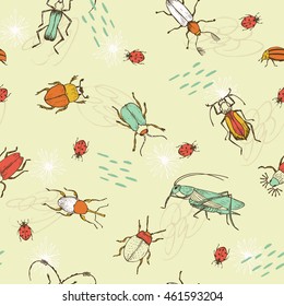 Seamless bug pattern. Funny hand drawn bugs and doodles. Childish poster, perfect for wrapping paper and wall decoration. Vector illustration